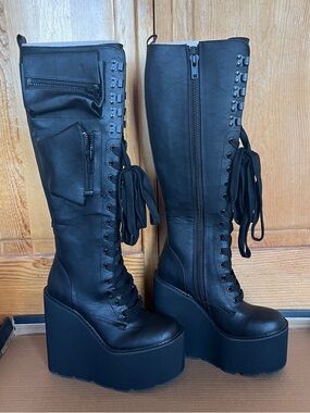 Current Mood - Black Lace-Up Platform Knee-High Boots - Size 7